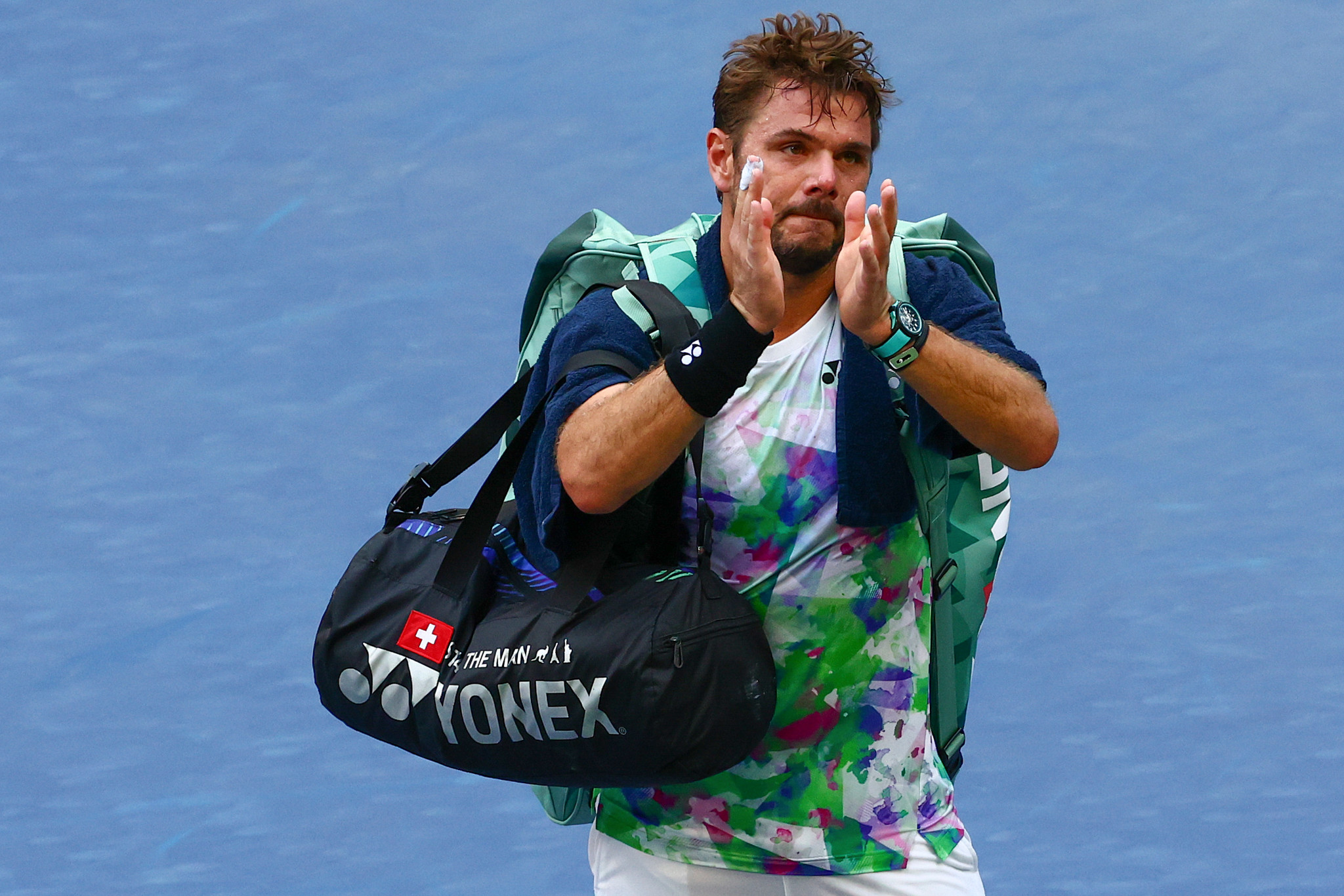 Stan Wawrinka, ici lors de l’US Open 2023, porte à son poignet la montre de la marque Norqain dont il est actionnaire minoritaire.